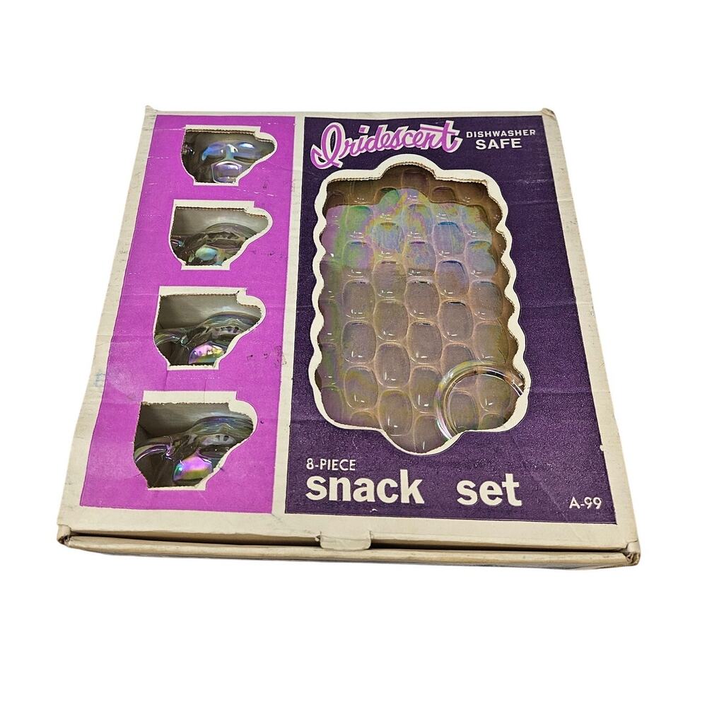 Deadstock Vintage 60s Federal Glass Snack Set 8 Piece Iridescent Mid Century